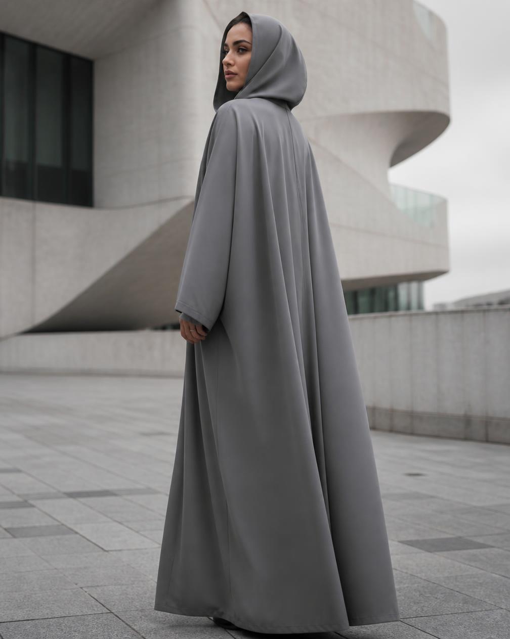 Woman in a stone grey hooded jilbab in front of modern architecture