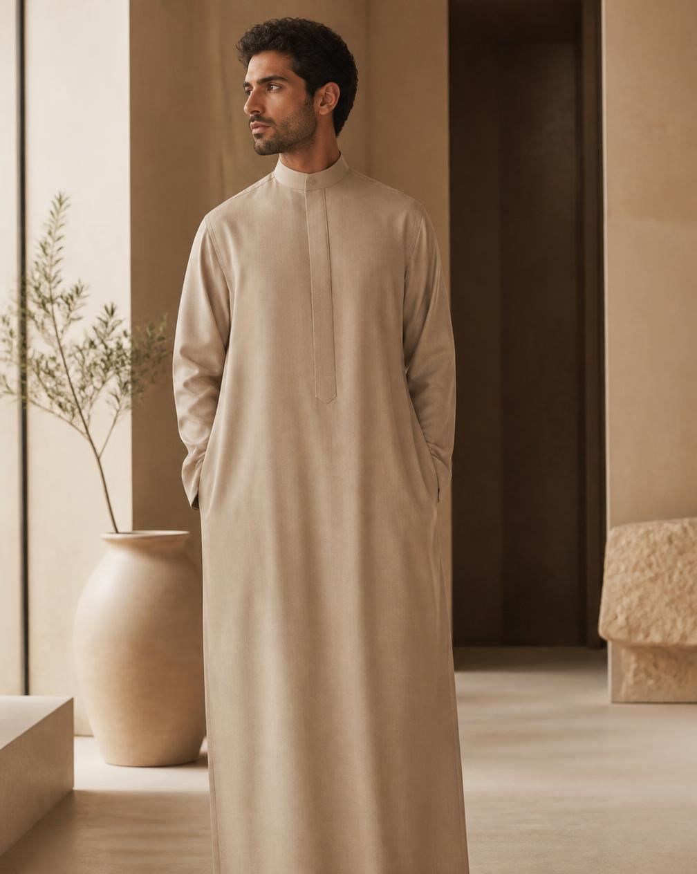 Man wearing a sand-coloured thobe in a warm minimal interior