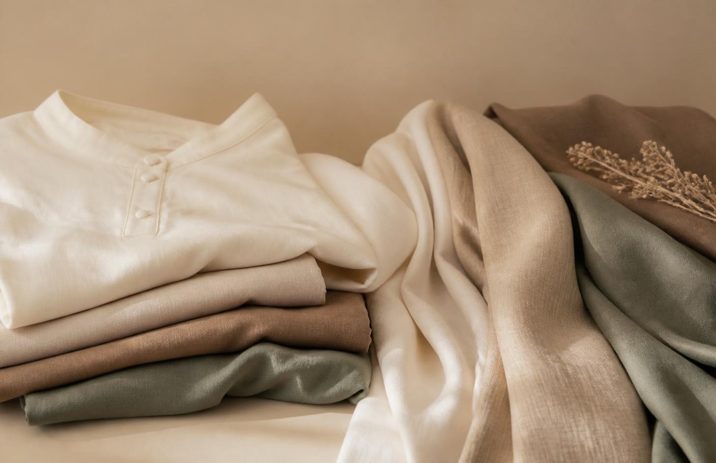 Folded modest garment fabrics in warm neutral tones