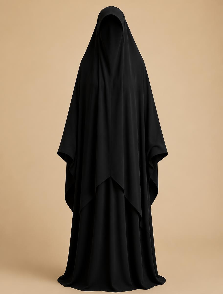 Black two-piece jilbab with khimar shown on an invisible mannequin